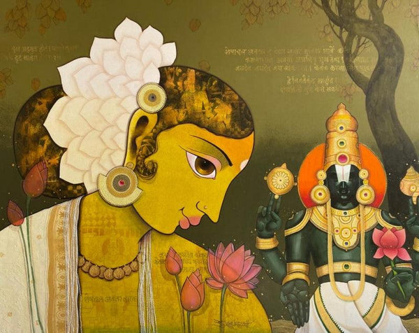 Religious acrylic painting titled 'Balaji Lakshmi', 48x60 inches, by artist Sachin Kharat on Canvas