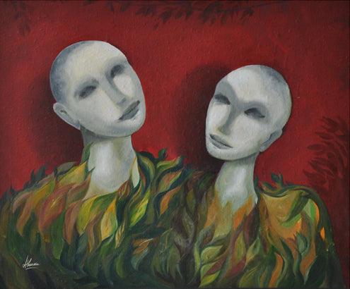 Figurative oil painting titled 'Balance Of Life', 35x29 inches, by artist Huma Hussain on Canvas