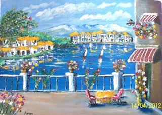 Scenic oil painting titled 'Balcony View', 16x20 inches, by artist Kiran Bableshwar on Canvas