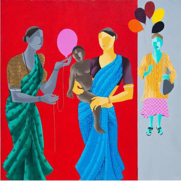 Figurative acrylic painting titled 'Balloon For The Baby', 30x30 inches, by artist Abhiram Bairu on Canvas