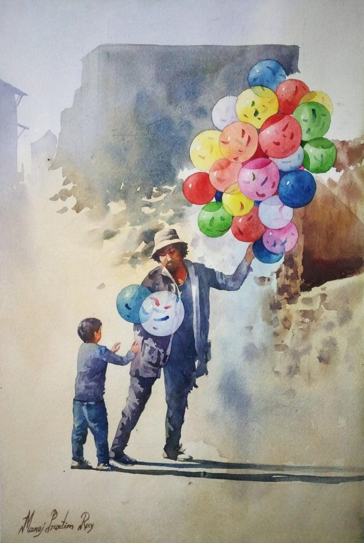 Figurative watercolor painting titled 'Balloon Seller', 22x15 inches, by artist Manoj Pratim Ray on Paper