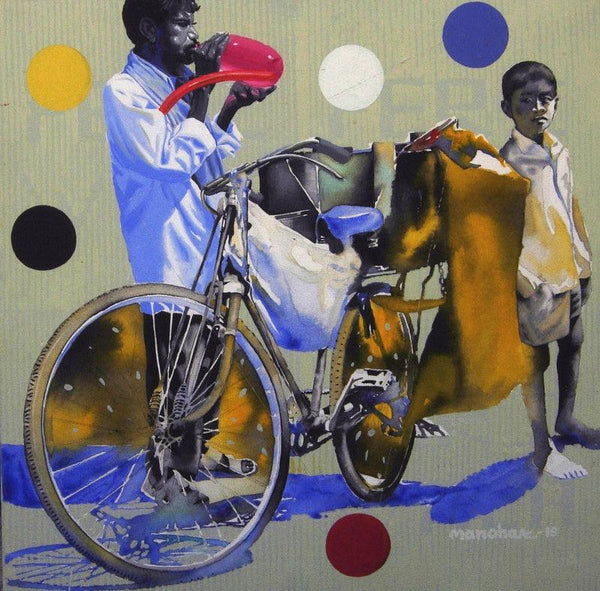 Figurative acrylic painting titled 'Balloon Seller 1', 24x24 inches, by artist Manohar Rathod on Canvas