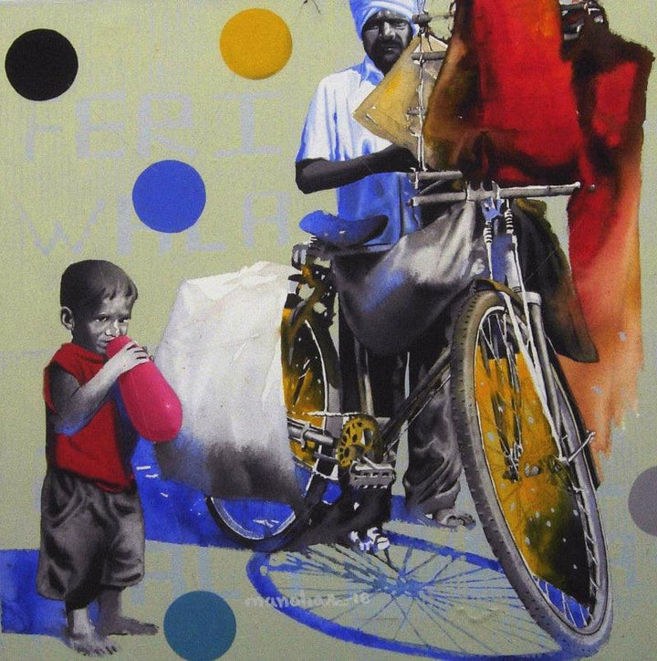 Figurative acrylic painting titled 'Balloon Seller 2', 24x24 inches, by artist Manohar Rathod on Canvas