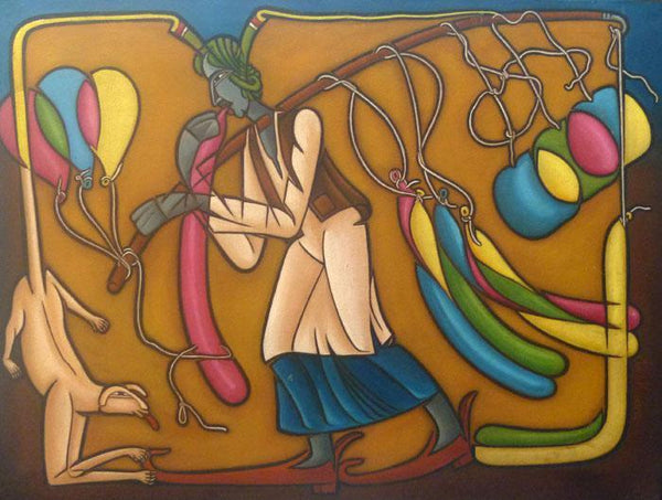 Figurative acrylic painting titled 'Balloon Seller', 27x36 inches, by artist Pasabhai Makwana on Canvas