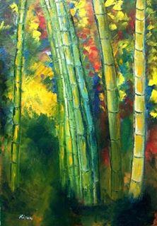 Impressionist oil painting titled 'Bamboo Trees', 12x18 inches, by artist Kiran Bableshwar on Canvas