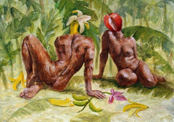 Nude acrylic painting titled 'Banana Farm', 25x34 inches, by artist Mansi Sagar on Canvas
