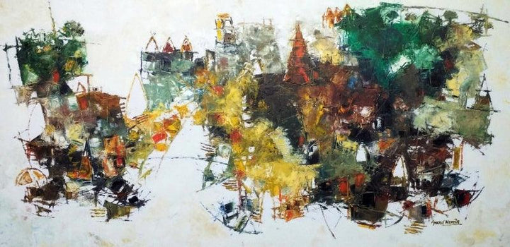 Cityscape oil painting titled 'Banaras 11', 24x48 inches, by artist Anand Narain on Canvas