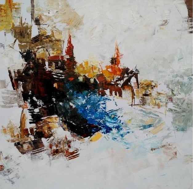 Religious oil painting titled 'Banaras 19', 24x24 inch, by artist Anand Narain on Canvas