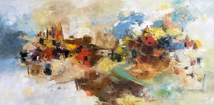 Religious oil painting titled 'Banaras 2', 18x36 inch, by artist Anand Narain on Canvas