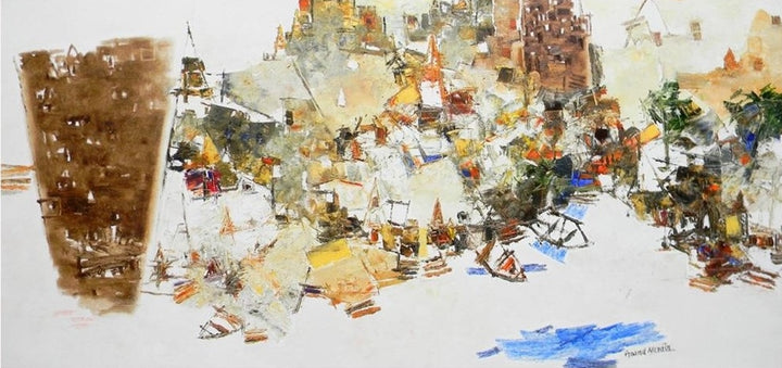 Religious oil painting titled 'Banaras 30', 24x48 inch, by artist Anand Narain on Canvas