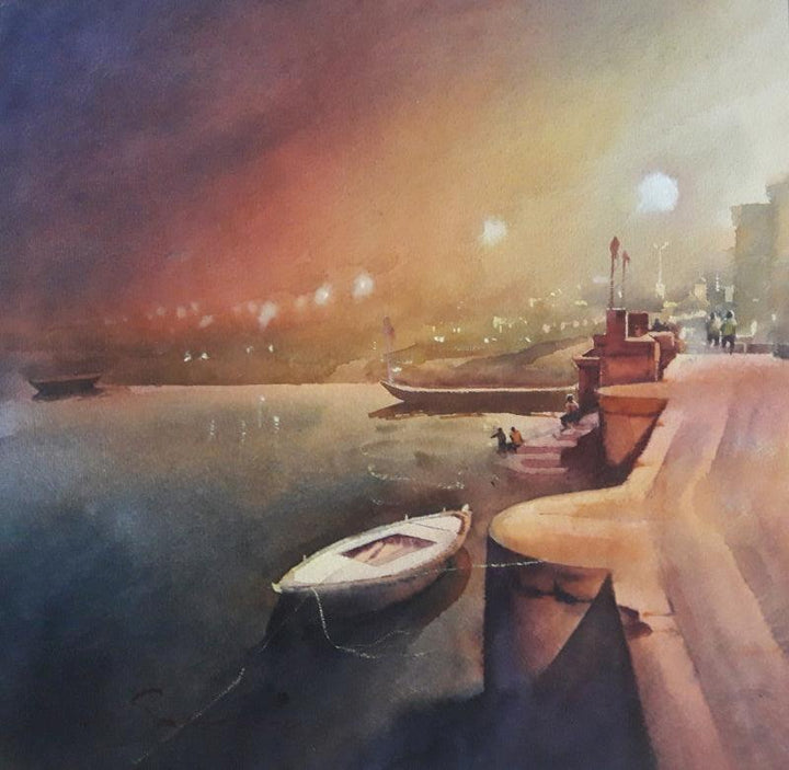 Cityscape watercolor painting titled 'Banaras 4', 24x24 inches, by artist Ajay Sangve on paper