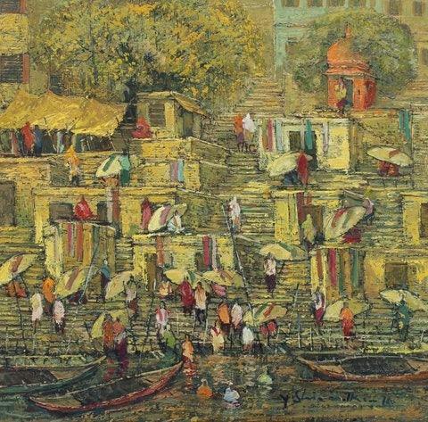 Cityscape oil painting titled 'Banaras 5', 24x24 inches, by artist Yashwant Shirwadkar on Canvas