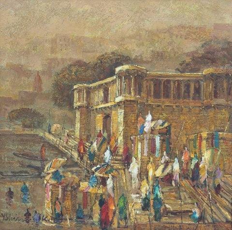 Cityscape oil painting titled 'Banaras 6', 24x24 inches, by artist Yashwant Shirwadkar on Canvas