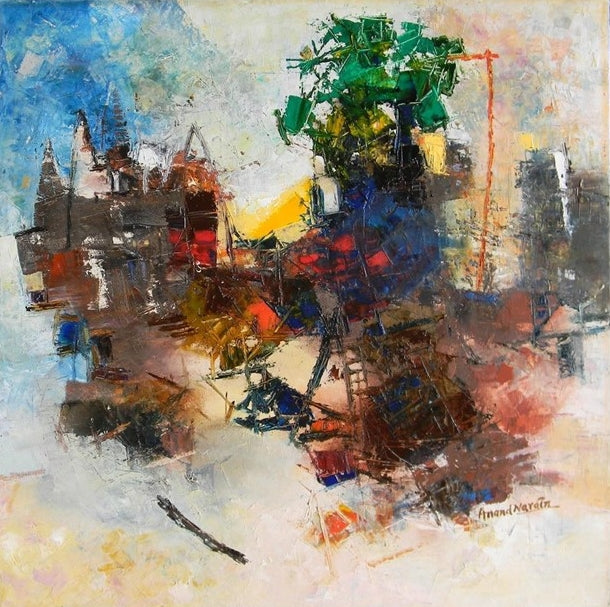 Religious oil painting titled 'Banaras 7', 13x13 inch, by artist Anand Narin on Canvas