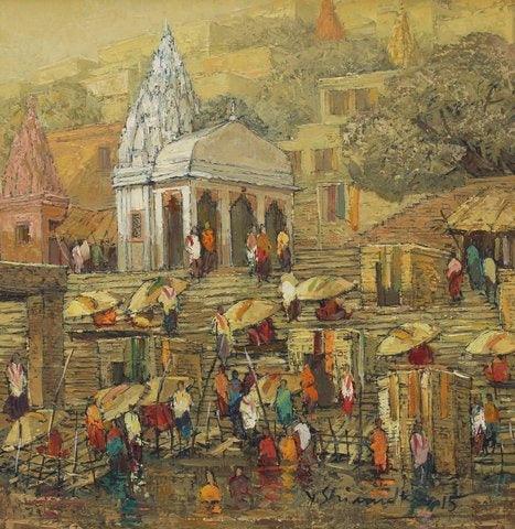 Cityscape oil painting titled 'Banaras 7', 24x24 inches, by artist Yashwant Shirwadkar on Canvas