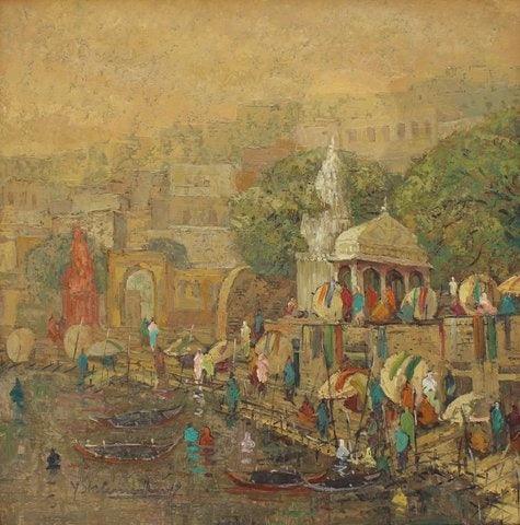 Cityscape oil painting titled 'Banaras 8', 30x30 inches, by artist Yashwant Shirwadkar on Canvas