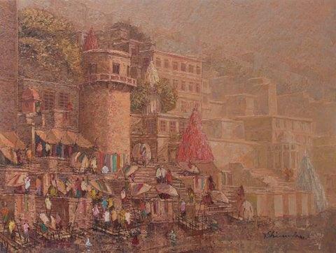 Cityscape oil painting titled 'Banaras 9', 30x40 inches, by artist Yashwant Shirwadkar on Canvas