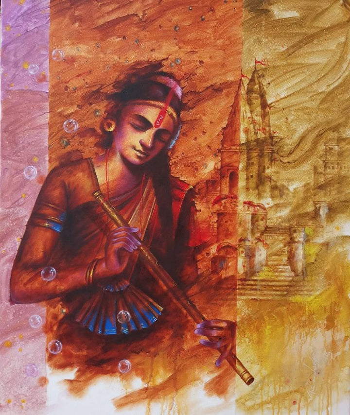 Religious oil painting titled 'Banaras Beauty 1', 36x26 inches, by artist Pradeep Kumar on Canvas