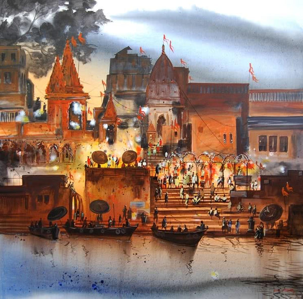 Cityscape acrylic painting titled 'Banaras Evening Lights', 60x60 inches, by artist Anand Bekwad on Canvas