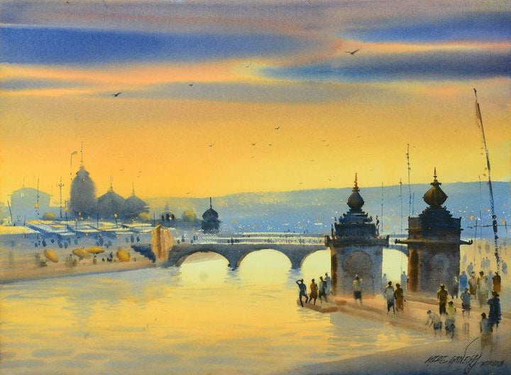 Nature watercolor painting titled 'Banaras Ganga Ghat 10', 22x30 inches, by artist Ganesh Hire on Paper