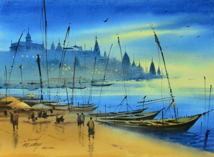 Nature watercolor painting titled 'Banaras Ganga Ghat 11', 22x30 inches, by artist Ganesh Hire on Paper