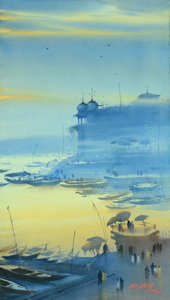 Nature watercolor painting titled 'Banaras Ganga Ghat 15', 45x22 inches, by artist Ganesh Hire on Paper