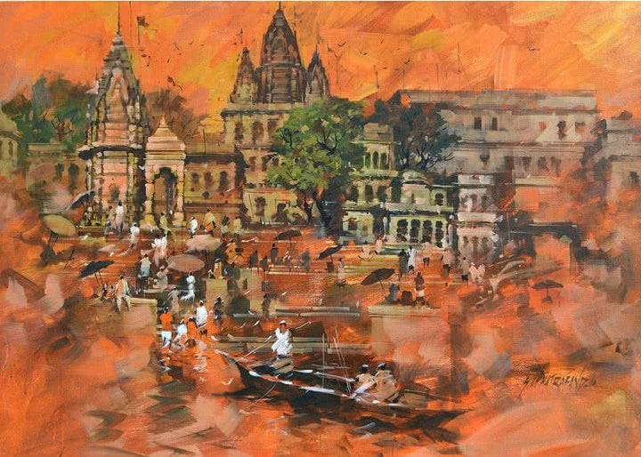 Landscape acrylic painting titled 'Banaras Ghat 1', 36x54 inches, by artist Sandeep Chhatraband on Canvas