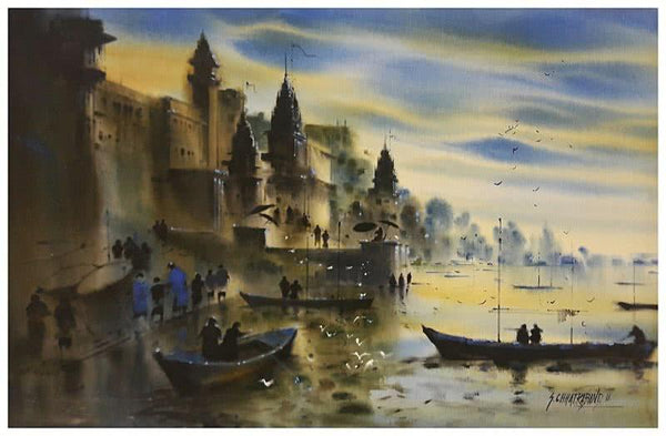 Landscape acrylic painting titled 'Banaras Ghat 10', 12x36 inches, by artist Sandeep Chhatraband on Canvas