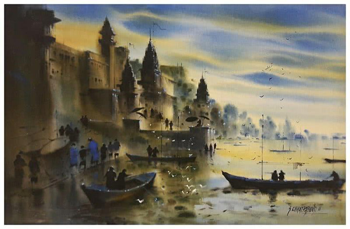 Landscape acrylic painting titled 'Banaras Ghat 10', 12x36 inches, by artist Sandeep Chhatraband on Canvas