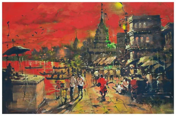 Landscape acrylic painting titled 'Banaras Ghat 11', 12x36 inches, by artist Sandeep Chhatraband on Canvas