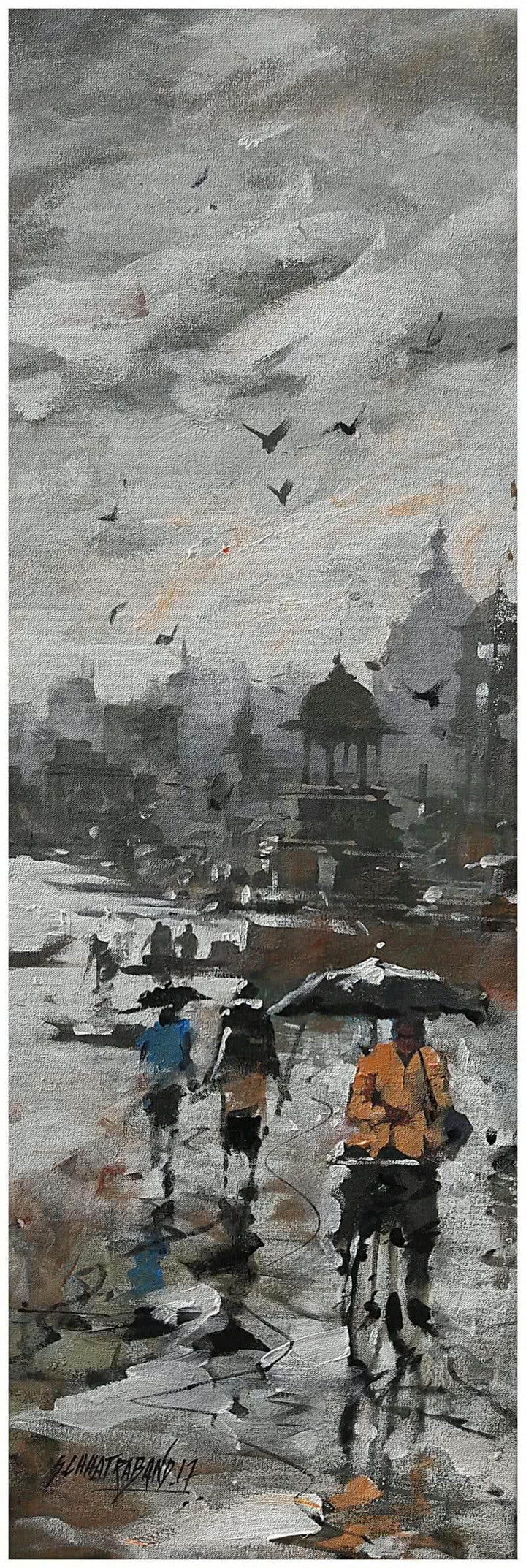 Landscape acrylic painting titled 'Banaras Ghat 12', 12x36 inches, by artist Sandeep Chhatraband on Canvas