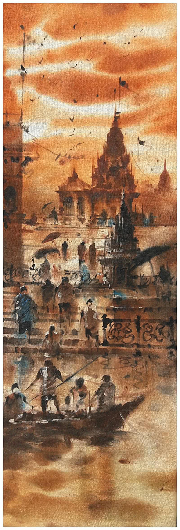 Landscape acrylic painting titled 'Banaras Ghat 13', 12x36 inches, by artist Sandeep Chhatraband on Canvas