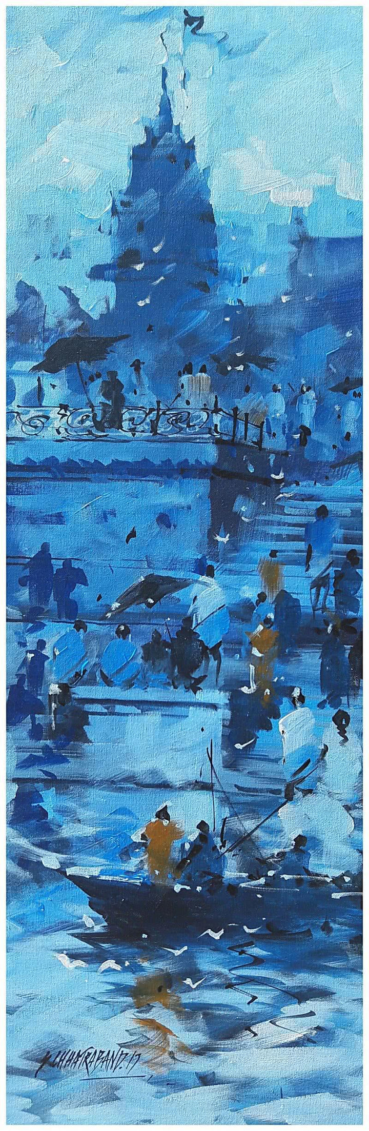 Landscape acrylic painting titled 'Banaras Ghat 14', 12x36 inches, by artist Sandeep Chhatraband on Canvas