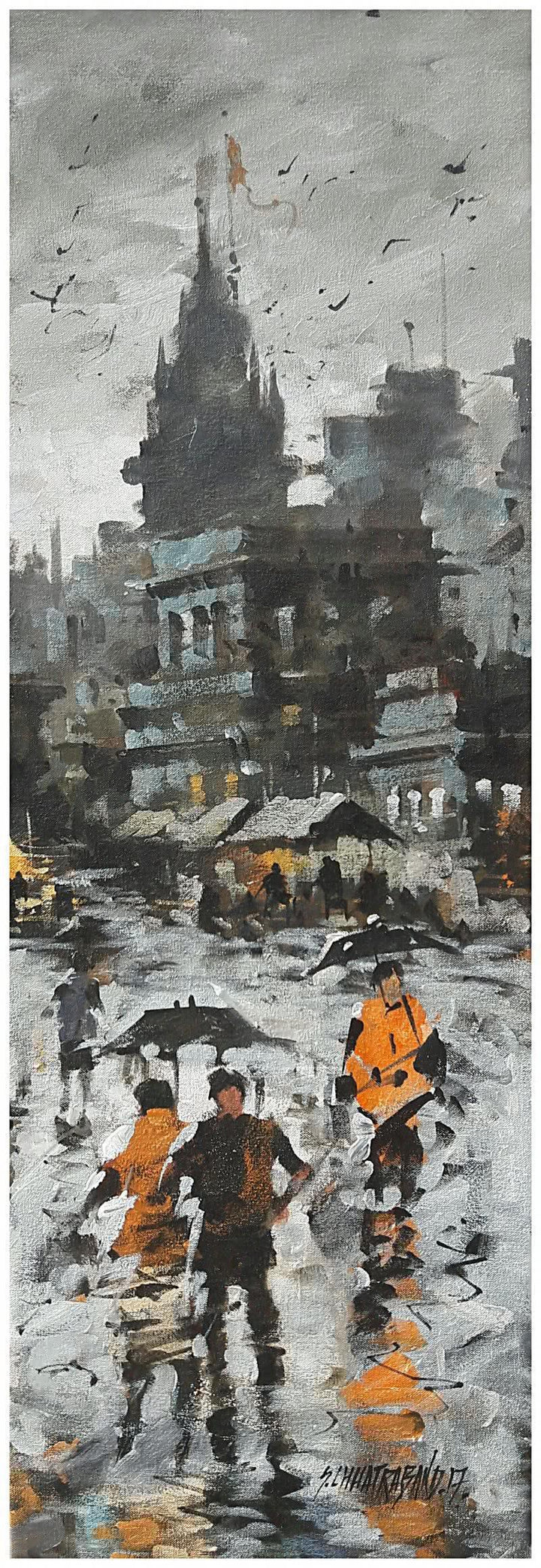 Landscape acrylic painting titled 'Banaras Ghat 17', 12x36 inches, by artist Sandeep Chhatraband on Canvas