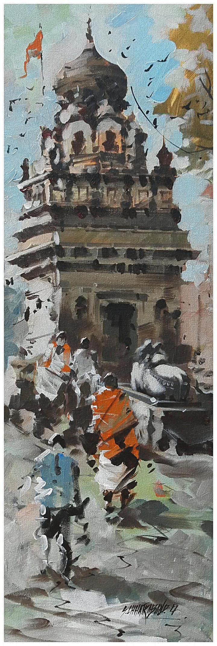 Landscape acrylic painting titled 'Banaras Ghat 18', 12x36 inches, by artist Sandeep Chhatraband on Canvas