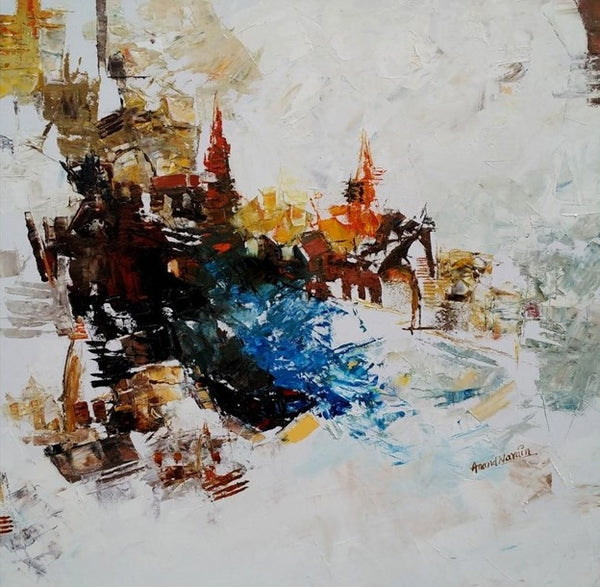 Religious oil painting titled 'Banaras Ghat 19', 24x24 inch, by artist Anand Narain on Canvas