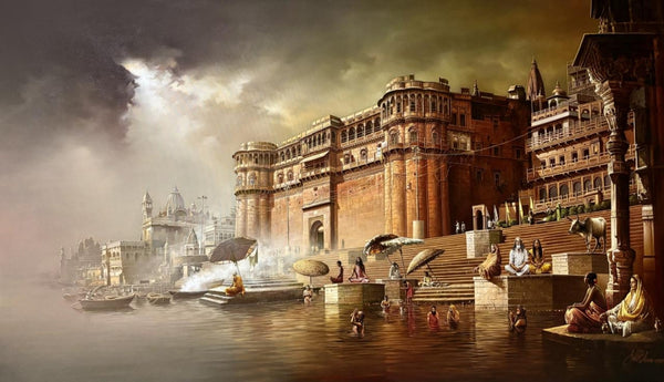 Religious acrylic-oil painting titled 'Banaras Ghat 2', 42x72 inch, by artist Amit Bhar on Canvas