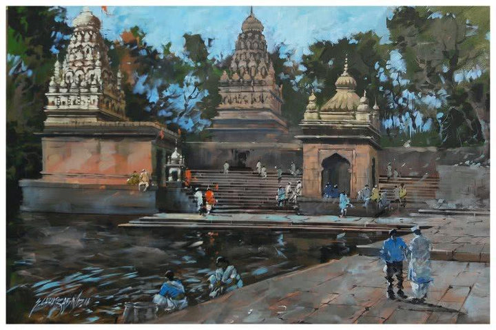 Landscape acrylic painting titled 'Banaras Ghat 2', 36x54 inches, by artist Sandeep Chhatraband on Canvas