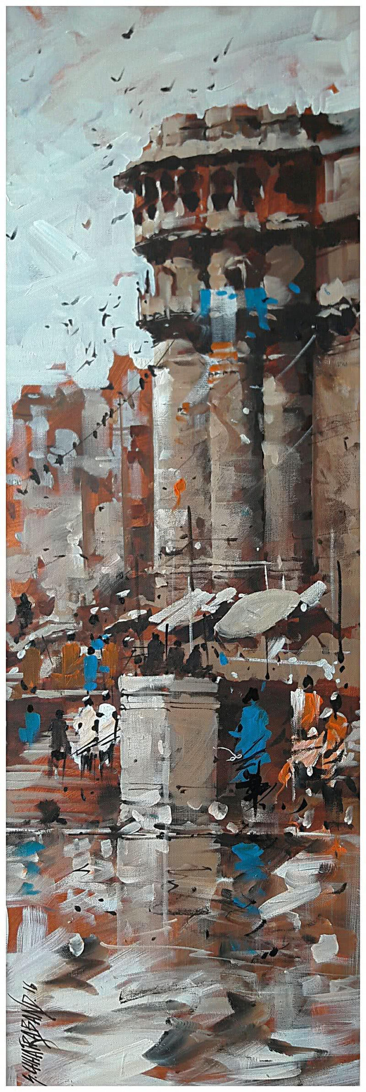 Landscape acrylic painting titled 'Banaras Ghat 20', 12x36 inches, by artist Sandeep Chhatraband on Canvas