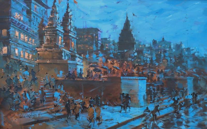 Cityscape acrylic painting titled 'Banaras Ghat 21', 33x51 inches, by artist Sandeep Chhatraband on Canvas