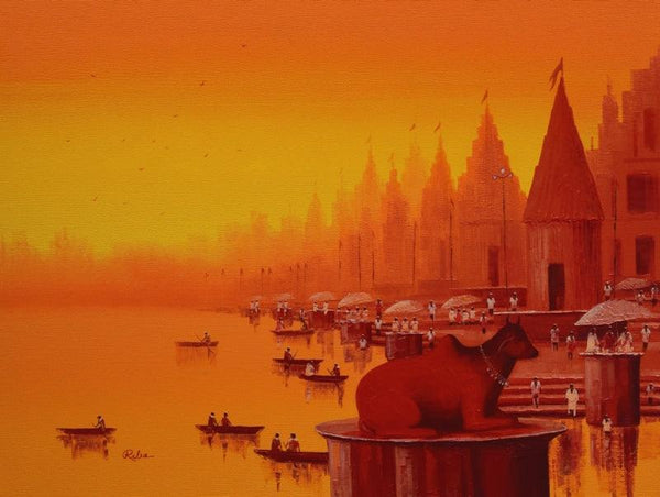 Cityscape oil painting titled 'Banaras Ghat 22', 36x48 inches, by artist Reba Mandal on Canvas