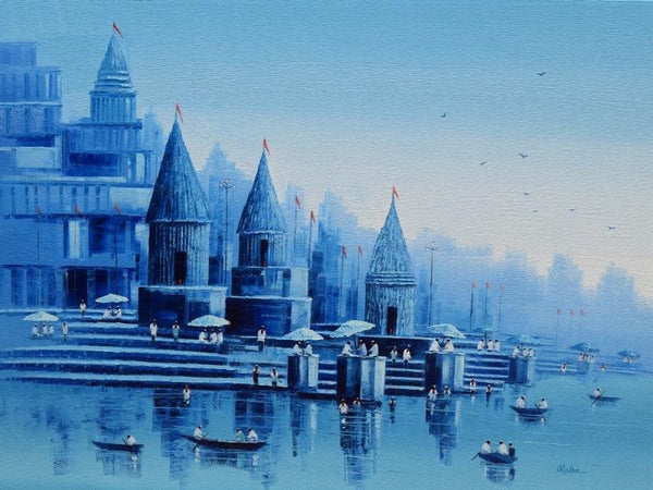 Cityscape oil painting titled 'Banaras Ghat 23', 36x48 inches, by artist Reba Mandal on Canvas