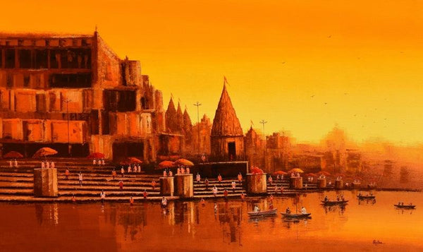 Cityscape acrylic painting titled 'Banaras Ghat 24', 36x60 inches, by artist Reba Mandal on Canvas