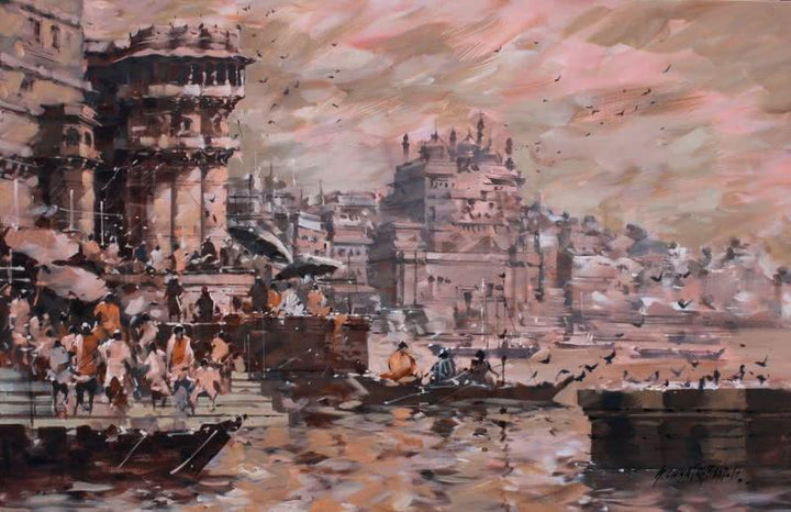 Cityscape acrylic painting titled 'Banaras Ghat 26', 33x51 inches, by artist Sandeep Chhatraband on Canvas