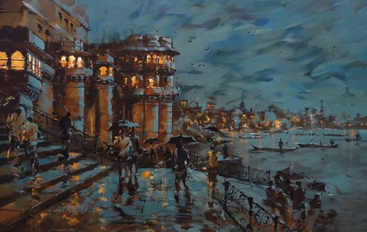 Cityscape acrylic painting titled 'Banaras Ghat 32', 33x51 inches, by artist Sandeep Chhatraband on Canvas