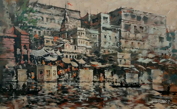 Cityscape acrylic painting titled 'Banaras Ghat 38', 33x51 inches, by artist Sandeep Chhatraband on Canvas