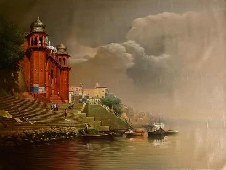 Religious acrylic-oil painting titled 'Banaras Ghat 4', 30x40 inch, by artist Amit Bhar on Canvas