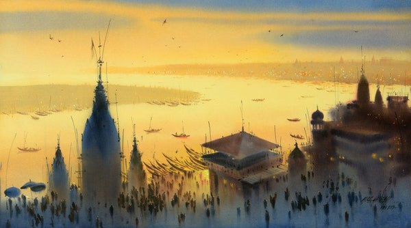 Nature watercolor painting titled 'Banaras Ghat 4', 22x45 inches, by artist Ganesh Hire on Paper