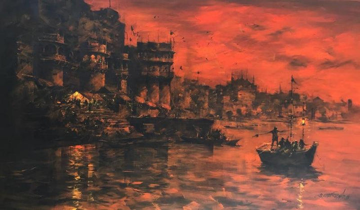 Cityscape acrylic painting titled 'Banaras Ghat 41', 36x60 inches, by artist Sandeep Chhatraband on Canvas