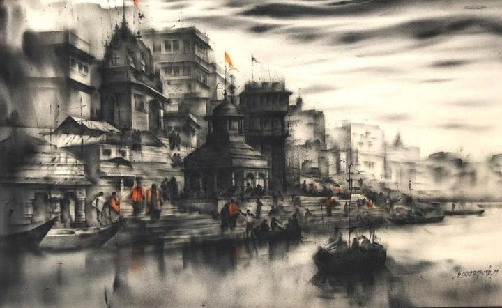 Cityscape acrylic painting titled 'Banaras Ghat 42', 36x60 inches, by artist Sandeep Chhatraband on Canvas